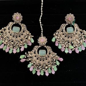 Indian jewelry set, luxury jewelry, earrings, tikka